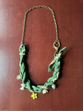 Bandana Scarf Necklace Green Floral Cute Charms Handmade Boho Cottagecore Teapot